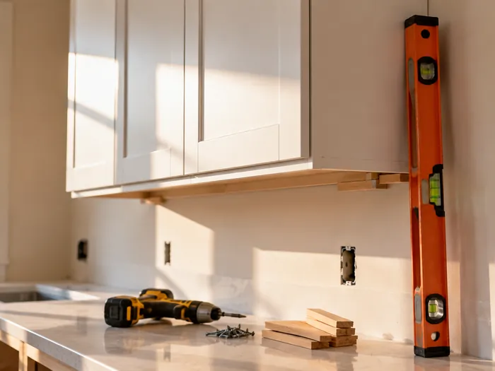 A close detail of a level resting against a freshly hung wall cabinet, with shims and a screw gun on the counter below