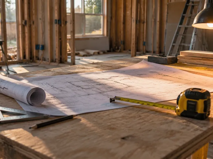 A plan set and a tape measure spread across a plywood work table under a clamp light on a job site