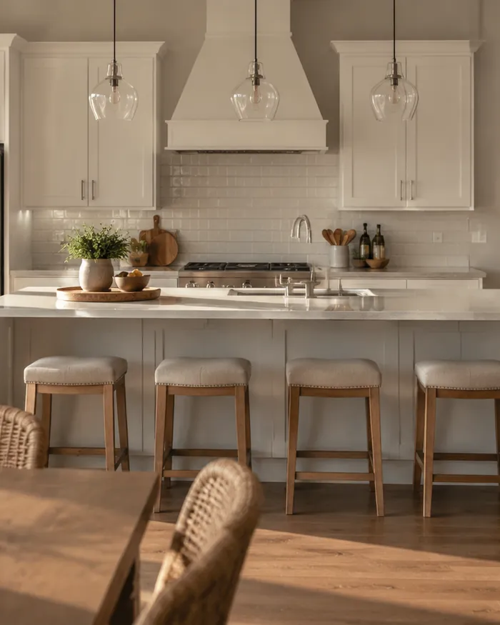 A finished kitchen with white shaker cabinets, a quartz island and pendant lights