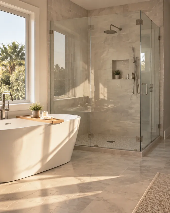 A finished master bathroom with a freestanding tub and a glass shower behind it