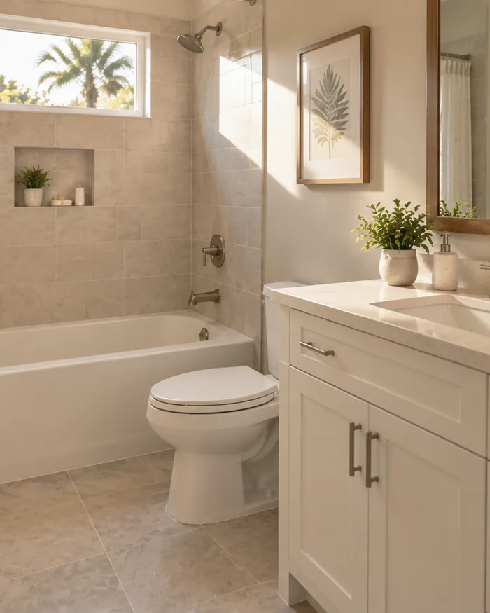 A small finished guest bathroom with a tub, tile surround, new vanity and framed mirror