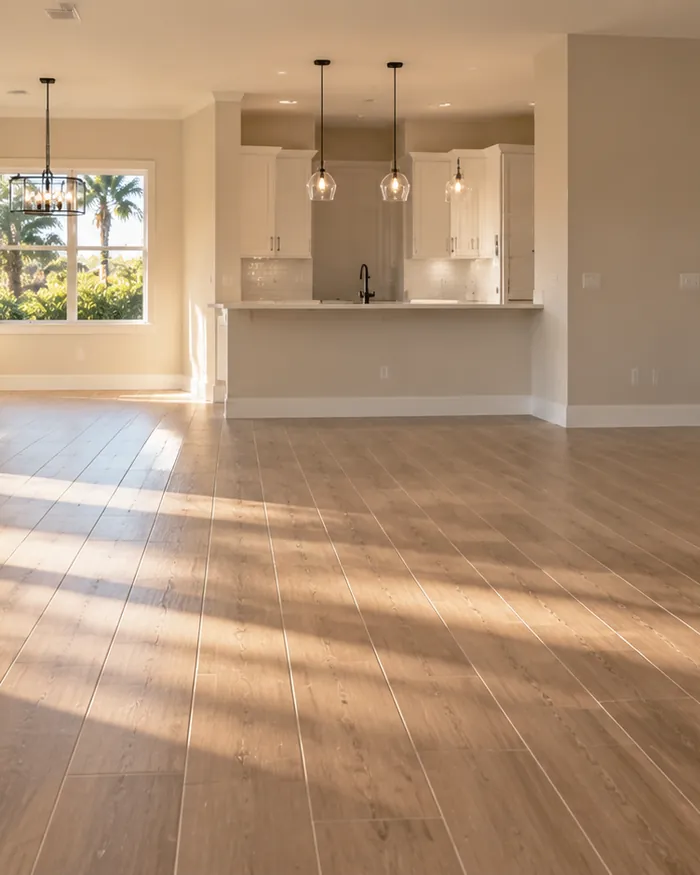 Wood look tile running through an open living area where carpet used to be