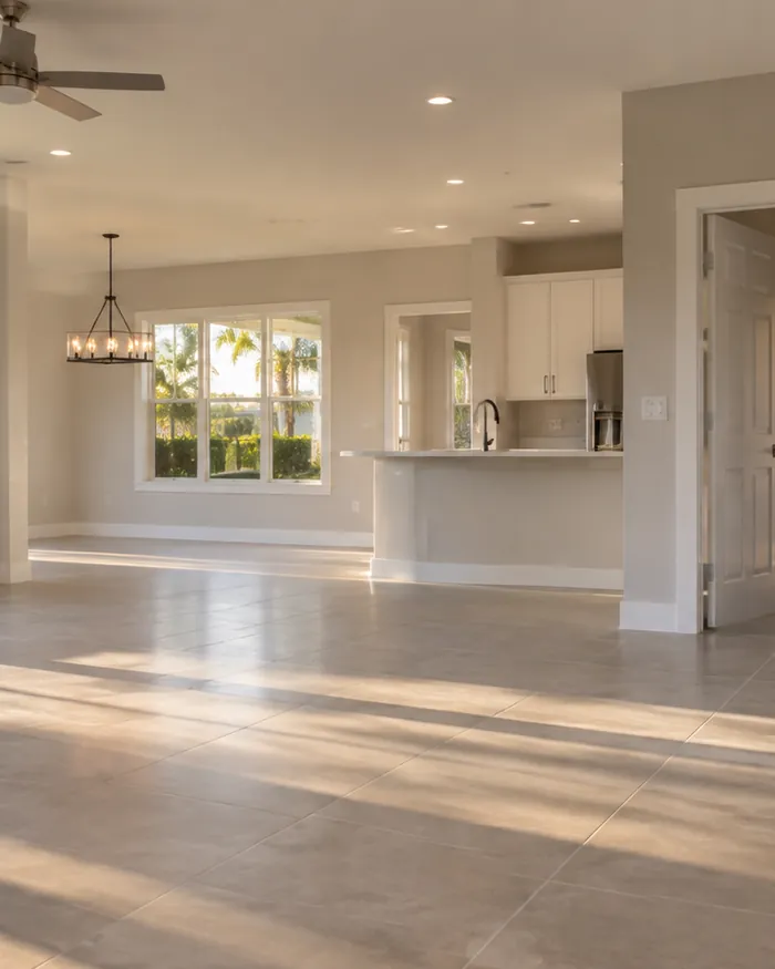 An empty room rebuilt after flooding with new drywall, tile, casing and baseboard