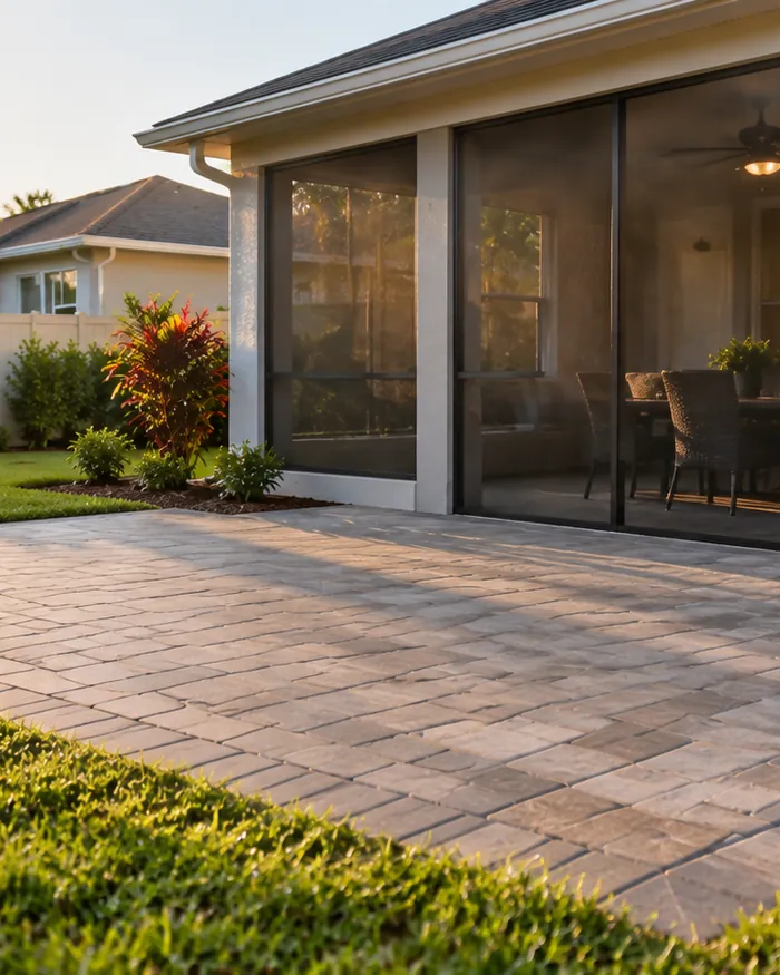 A finished paver patio behind a house with sand swept into the joints