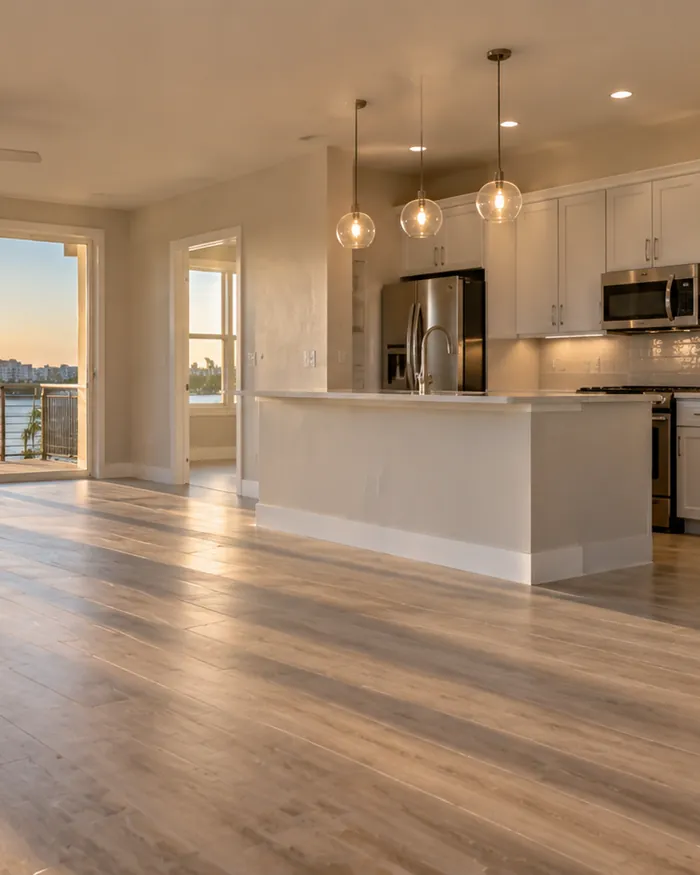 A finished condo living room and kitchen with new flooring and a balcony slider